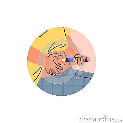 Sitting person apply injection pen syringe in belly. Vector Illustration