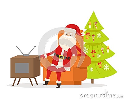 Sitting Santa Claus in Orange Armchair near TV Set Vector Illustration