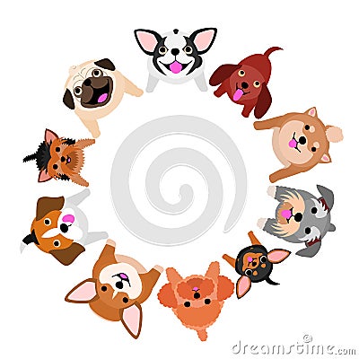 Sitting small dogs looking up in circle Vector Illustration