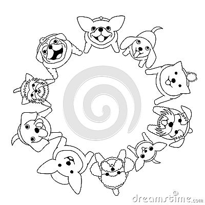 Sitting small dogs looking up in circle Vector Illustration