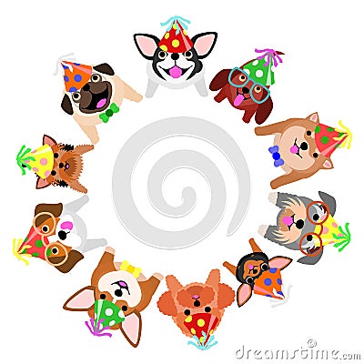 Sitting small dogs with party hats looking up circle Vector Illustration