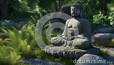 Sitting statue meditates in lotus position, surrounded by tranquil nature generated by AI Stock Photo