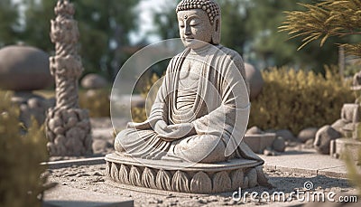 Sitting statue meditating in lotus position, symbolizing spirituality and harmony generated by AI Stock Photo