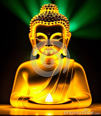 Sitting statue of smiling buddha with lighted candles. Golden buddha glowing holy colorful light. Stock Photo