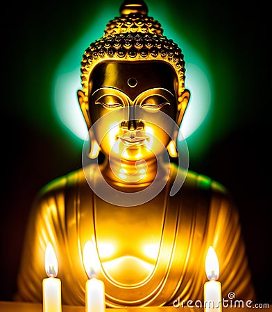 Sitting statue of smiling buddha with lighted candles. Golden buddha glowing holy colorful light. Stock Photo