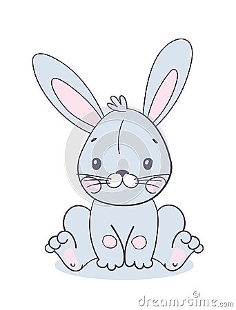 Sitting sweet blue bunny, toy or doll for Easter. Cute animal for Valentine s Day. Vector illustration for baby design Vector Illustration