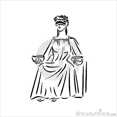 Sitting symbol of justice Themis vector line art illustration on white background Vector Illustration