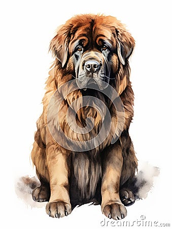 Sitting Tibetan Mastiff with a Watchful Gaze AI Generated Cartoon Illustration