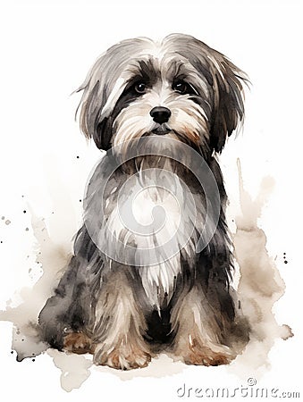 Sitting Tibetan Terrier with a Wise Look - Watercolor Illustration AI Generated Cartoon Illustration