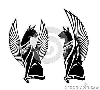 Sitting winged cats with ancient egypt style decor black vector outlines Vector Illustration