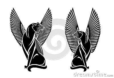 Sitting winged panther cats with ancient egypt style decor black vector outlines Vector Illustration