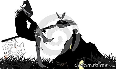Sitting witch on the broom. Halloween composition Vector Illustration