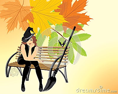Sitting witch on the wooden bench. Halloween card Vector Illustration