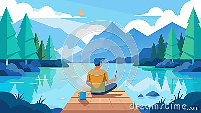 Sitting on a wooden dock overlooking a crystal clear lake an artist creates a serene watercolor painting of the tranquil Vector Illustration