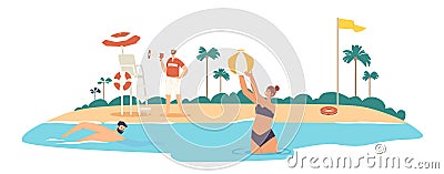 Situation on Beach with Tourists and Rescue. Lifeguard Male Character Yell to Megaphone on Sandy Shore with Warning Flag Vector Illustration