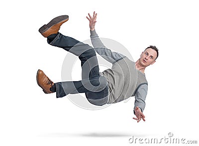 Situation, the man in casual clothes is falling down. isolated on white background. Concept of an accident Stock Photo