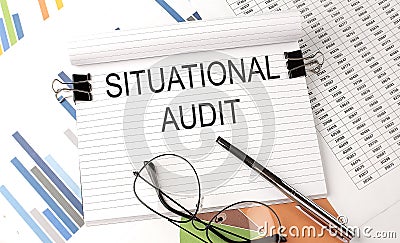 SITUATIONAL AUDIT text on the chart , office supplies, business concept Stock Photo