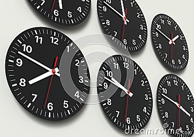 Six analog clocks on wall, showing world time Stock Photo