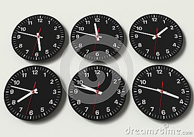 Six analog clocks on wall, showing world time Stock Photo