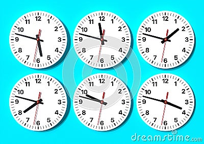 Six analog clocks on wall, showing world time Stock Photo