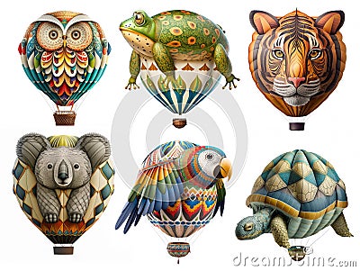 Six animal shaped hot air balloons, on a white background. Generative AI. Cartoon Illustration