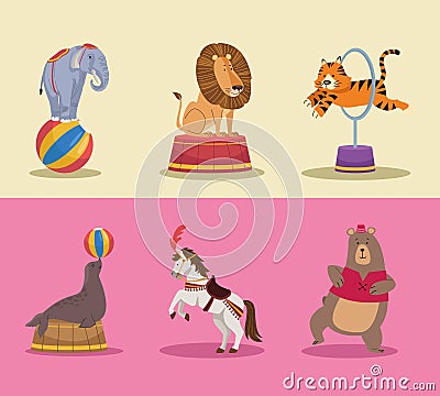six animals circus characters Vector Illustration