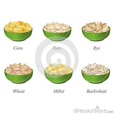 Six bowls with different cereal flakes part one Vector Illustration