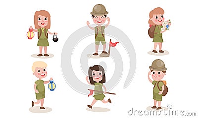 Set With Six Boys And Girls Scouts In Different Actions Vector Illustrations Cartoon Characters Vector Illustration