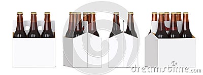 Six brown beer bottles in white corton pack. Four Different views 3D render, isolated on white background. Stock Photo