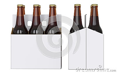 Six brown beer bottles in white corton pack. Side view and front view. 3D render, isolated on white background. Stock Photo