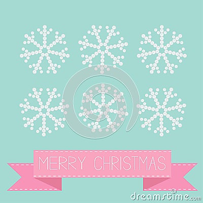 Six button snowflakes on blue Pink ribbon. Merry Christmas card. Flat design Vector Illustration