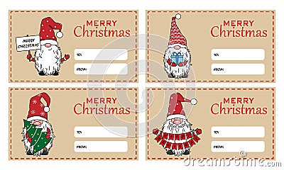 Six christmas tags. Christmas gnomes. Vector Illustration