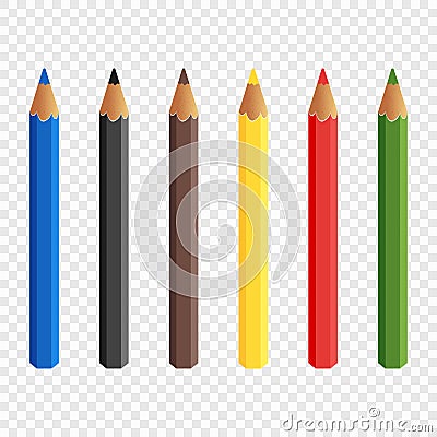 Six colored pencils isolated on transparent background. Pencils draw. Baby colorful colored pencils. Vector illustration. Vector Illustration