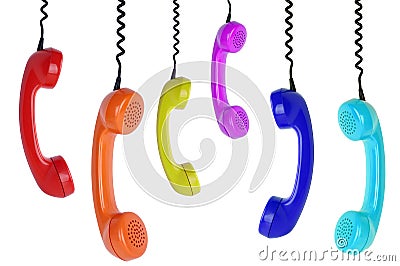 Six colored phones hanging Stock Photo