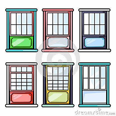 Six colorful cartoonstyle windows displayed two rows three, window features different vibrant Vector Illustration