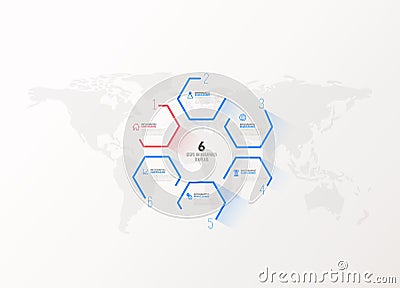 Six colorful hexagon vector progress steps illustration presentation template Vector Illustration