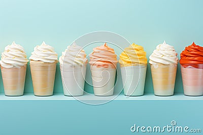 Six different colored ice creams in glass cups, AI Stock Photo