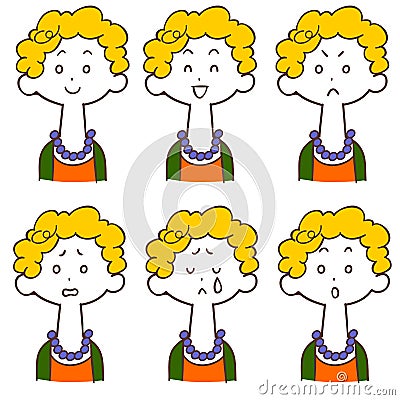 Six different facial expressions of yellow hair women Vector Illustration