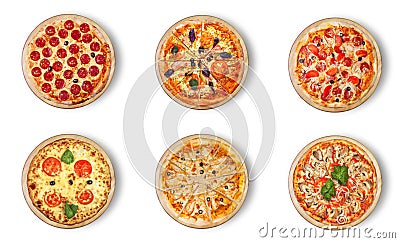 Six different pizza set for menu. Stock Photo