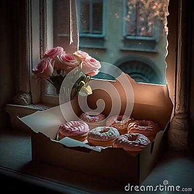 six donuts in powdered sugar lie in a box, against the backdrop of sunny town. generative AI tools Stock Photo