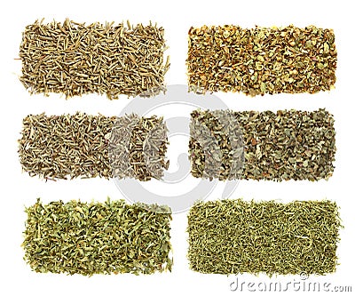 Six dried herbs in rows Stock Photo