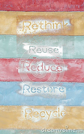 Six ecological phrases - rethink-Reuse-reduce-rest Stock Photo