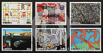 Six famous paintings of modern art on postage stamps Editorial Stock Photo
