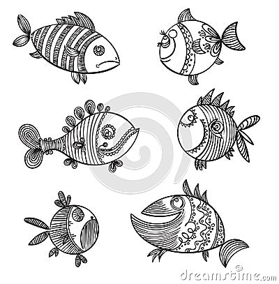 Six fish doodle monochrome pattern Vector Illustration