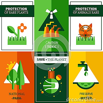 Six Flat Ecology Posters Set Vector Illustration
