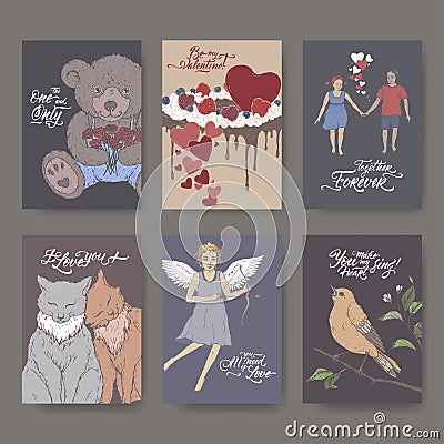 Six A4 format color Valentine cards with teddy bear, cake, cats, cupid, boy and girl, singing bird and brush lettering. Vector Illustration