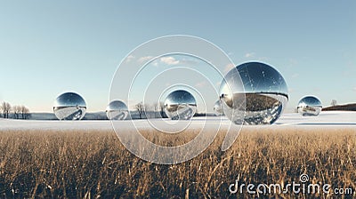 Fictional Landscapes Surrealist Silver Spheres In Photorealistic Cityscapes Stock Photo