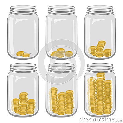 Six glass jars with different number of coins inside on a white Vector Illustration