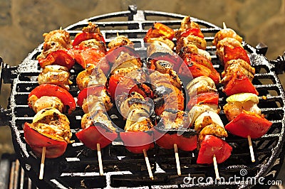 six Grilled Meat Skewers on the BBQ Stock Photo