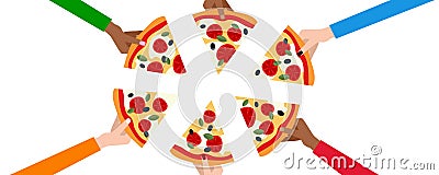 Six Hands with Slices of Pizza Banner Vector Illustration